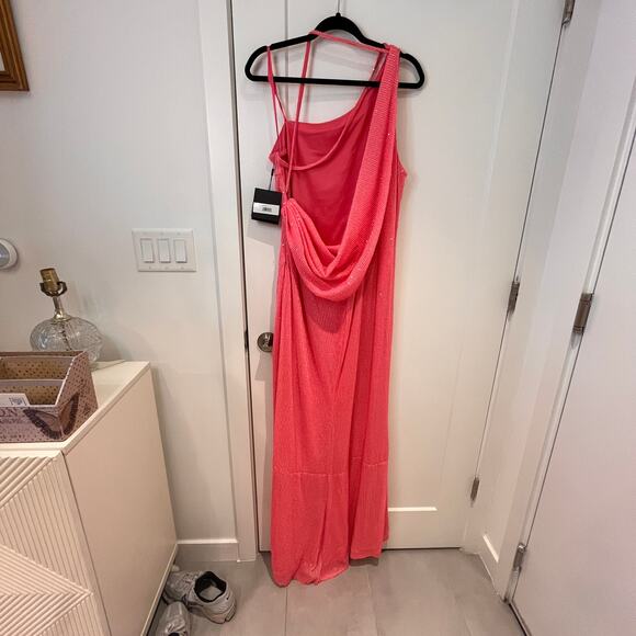 NWT IEENA for Mac Duggal Pink Sequined One Shoulder Draped Back Gown Size 16 - Picture 3 of 8